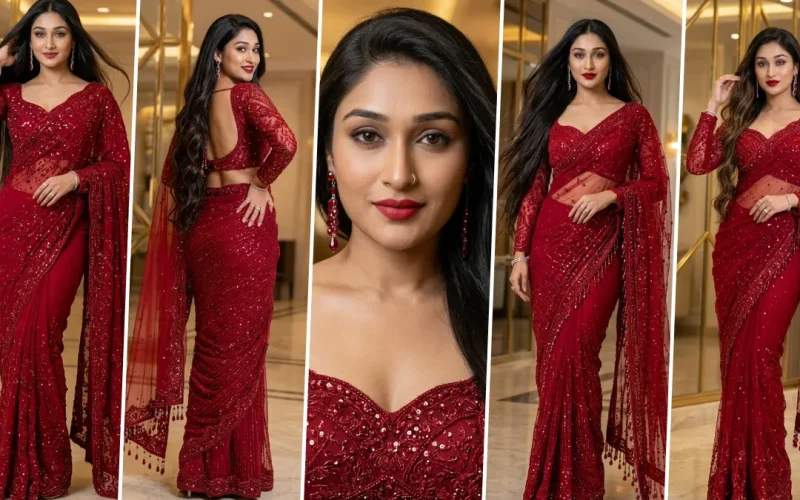 Ultra realistic AI generated Indian woman wearing a luxury red embroidered saree in an elegant indoor fashion photoshoot with cinematic lighting and professional portrait photography.
