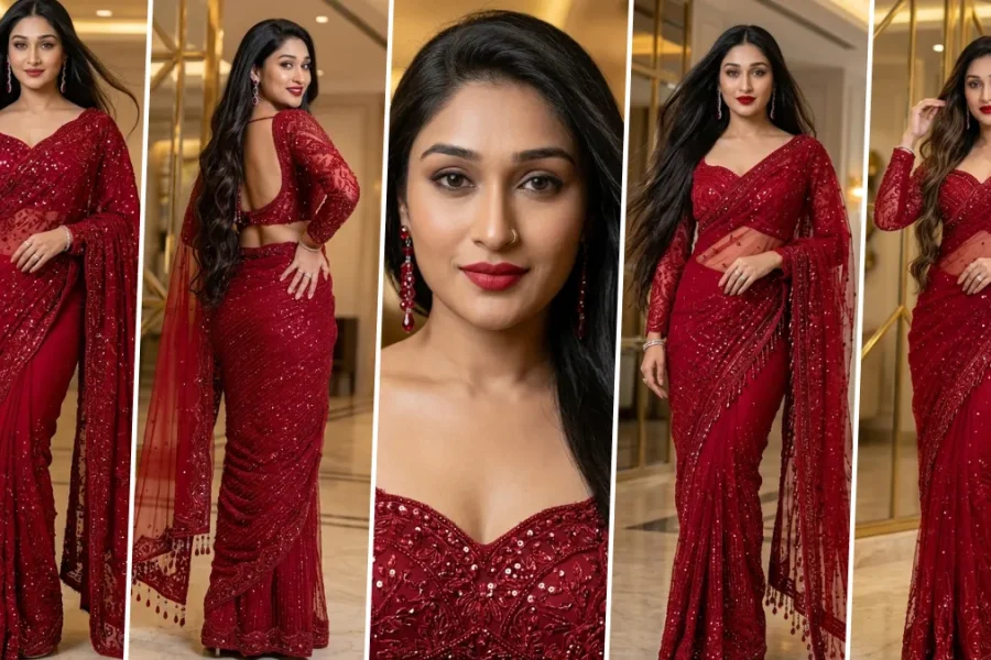 Ultra realistic AI generated Indian woman wearing a luxury red embroidered saree in an elegant indoor fashion photoshoot with cinematic lighting and professional portrait photography.