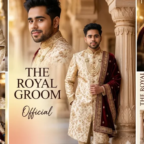 Royal Indian groom wearing luxury sherwani in cinematic AI-generated wedding portrait photoshoot