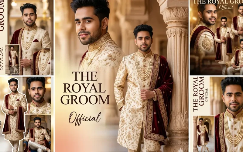 Royal Indian groom wearing luxury sherwani in cinematic AI-generated wedding portrait photoshoot