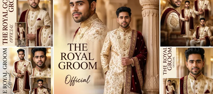 Royal Indian groom wearing luxury sherwani in cinematic AI-generated wedding portrait photoshoot