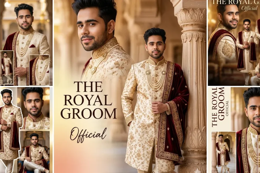 Royal Indian groom wearing luxury sherwani in cinematic AI-generated wedding portrait photoshoot