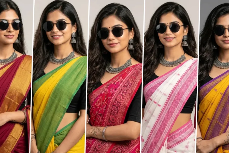 Saree AI image generation prompts for Indian women wearing colorful sarees and traditional jewelry