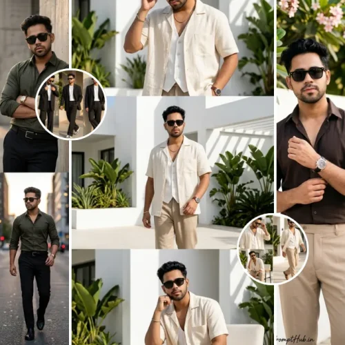 Stylish men fashion AI photo editing collage with cinematic DSLR portrait poses and luxury outfit aesthetics