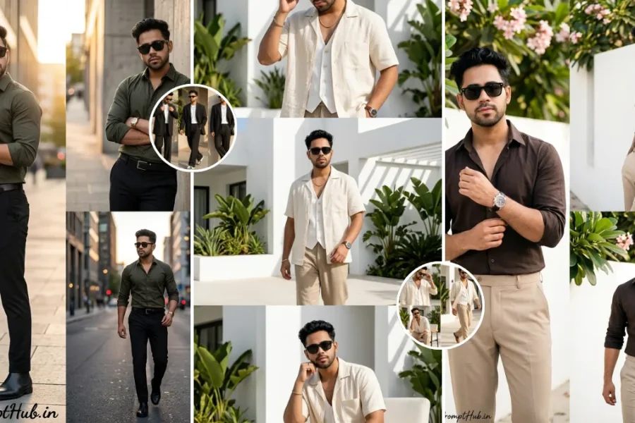 Stylish men fashion AI photo editing collage with cinematic DSLR portrait poses and luxury outfit aesthetics