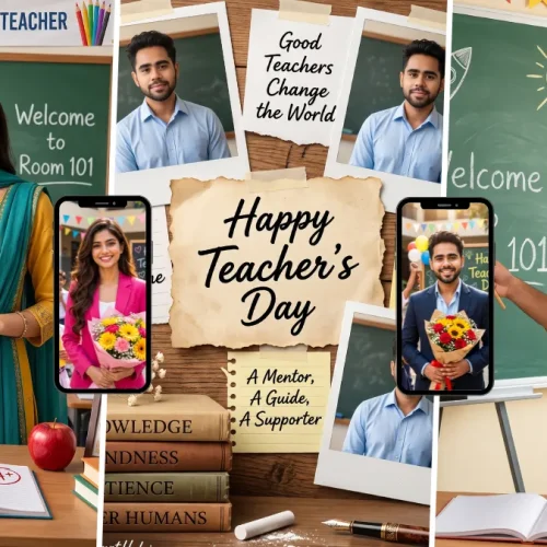 Teacher's Day AI photo prompts featuring teachers and students in a classroom