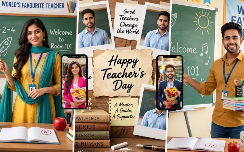 Teacher's Day AI photo prompts featuring teachers and students in a classroom