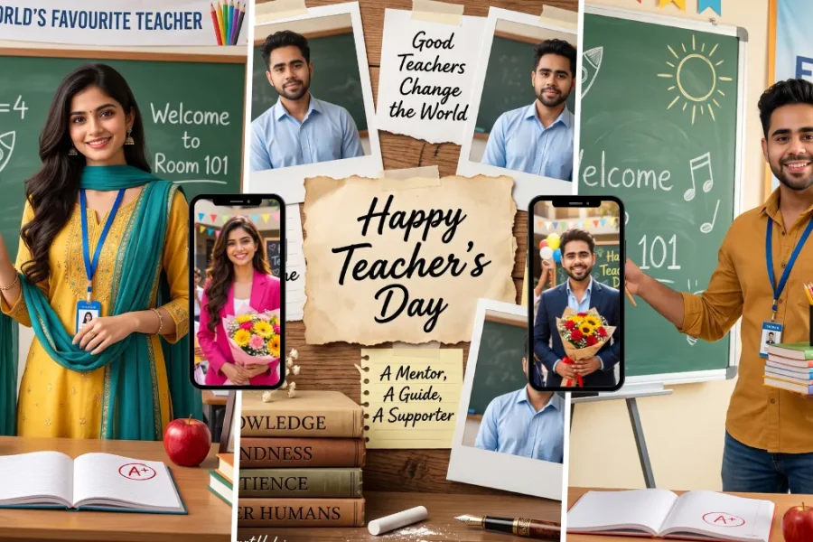 Teacher's Day AI photo prompts featuring teachers and students in a classroom