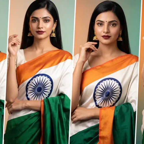 AI-generated Independence Day portrait of an Indian woman wearing a patriotic tricolor saree