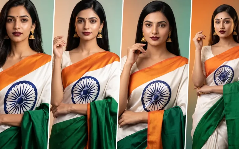 AI-generated Independence Day portrait of an Indian woman wearing a patriotic tricolor saree