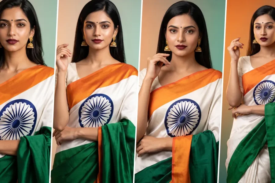 AI-generated Independence Day portrait of an Indian woman wearing a patriotic tricolor saree