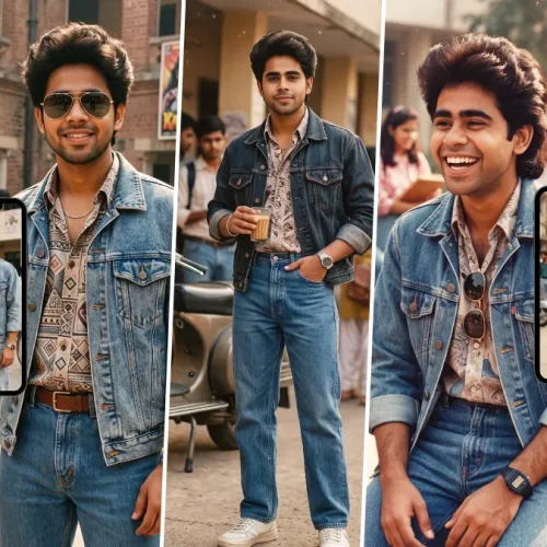 Indian boy in a denim jacket with 90s Bollywood retro styling created with an AI photo prompt