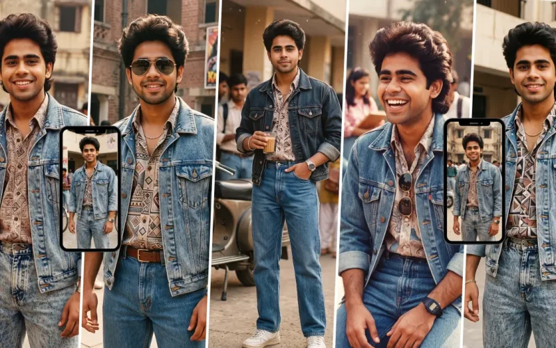 Indian boy in a denim jacket with 90s Bollywood retro styling created with an AI photo prompt