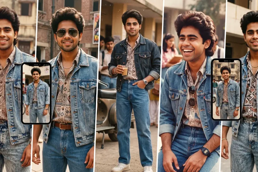 Indian boy in a denim jacket with 90s Bollywood retro styling created with an AI photo prompt