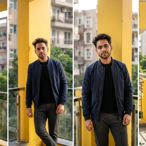 A collage of four photos showing a young Indian male model in a dark navy bomber jacket and black sweater, posing against distinct yellow architectural pillars with urban buildings blurred in the background. The poses demonstrate trendy streetwear. This is an example of a high-quality AI photo editing prompt result from allaiprompthub.in.