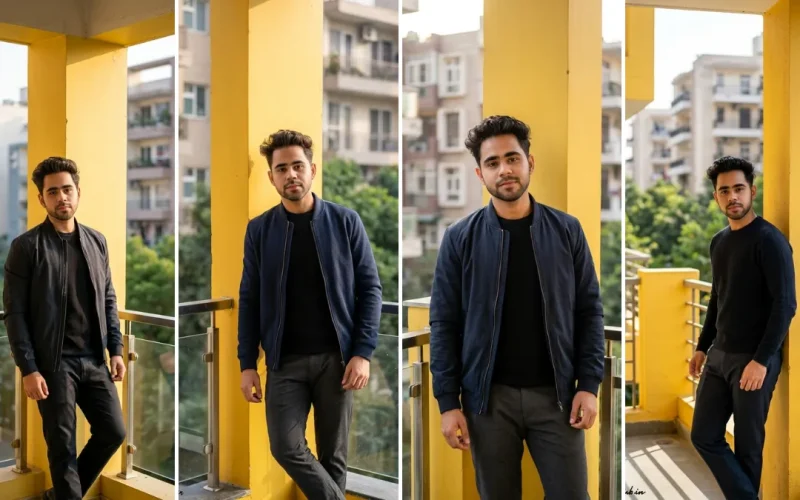 A collage of four photos showing a young Indian male model in a dark navy bomber jacket and black sweater, posing against distinct yellow architectural pillars with urban buildings blurred in the background. The poses demonstrate trendy streetwear. This is an example of a high-quality AI photo editing prompt result from allaiprompthub.in.