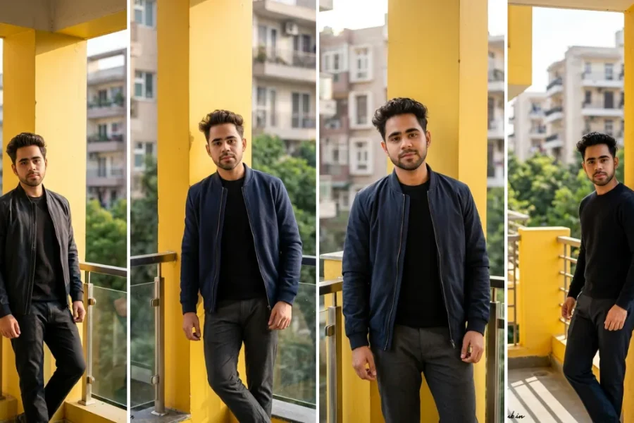A collage of four photos showing a young Indian male model in a dark navy bomber jacket and black sweater, posing against distinct yellow architectural pillars with urban buildings blurred in the background. The poses demonstrate trendy streetwear. This is an example of a high-quality AI photo editing prompt result from allaiprompthub.in.