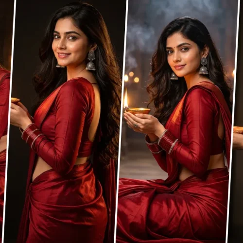Ultra realistic AI-generated Indian woman wearing a red silk saree holding a Diwali diya with cinematic temple lighting created using an AI photo prompt.