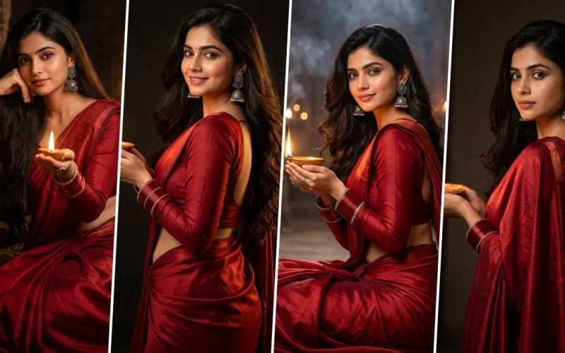 Ultra realistic AI-generated Indian woman wearing a red silk saree holding a Diwali diya with cinematic temple lighting created using an AI photo prompt.