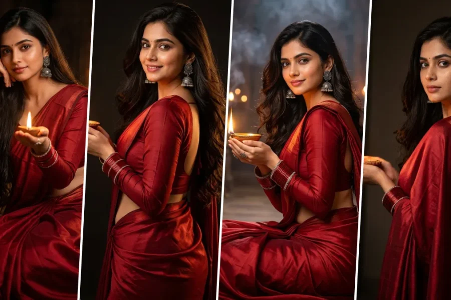 Ultra realistic AI-generated Indian woman wearing a red silk saree holding a Diwali diya with cinematic temple lighting created using an AI photo prompt.