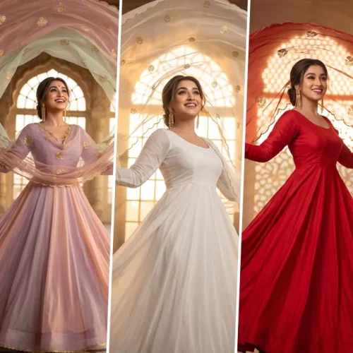 Ultra realistic Indian Anarkali dress AI photo editing prompts for women featuring royal ethnic fashion portraits in blue, white, pink and red dresses.