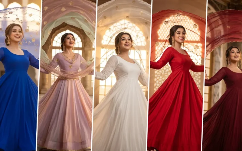 Ultra realistic Indian Anarkali dress AI photo editing prompts for women featuring royal ethnic fashion portraits in blue, white, pink and red dresses.