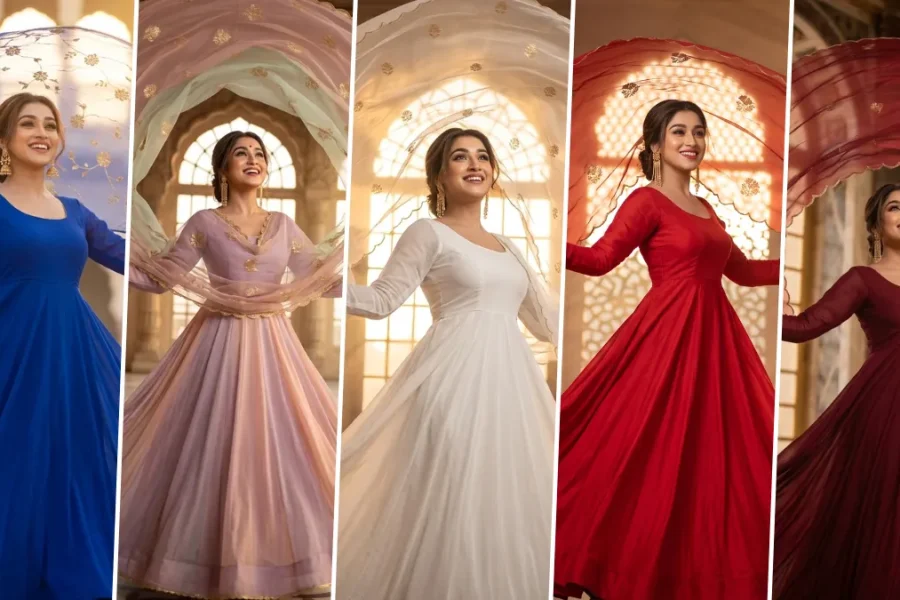 Ultra realistic Indian Anarkali dress AI photo editing prompts for women featuring royal ethnic fashion portraits in blue, white, pink and red dresses.