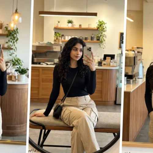Ultra realistic café mirror selfie portrait of a stylish young woman wearing a black fitted top and beige cargo pants in a modern coffee shop setting