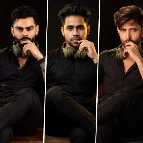 Ultra realistic cinematic male portrait AI prompts featuring professional studio photoshoot in black shirt with headphones for ChatGPT, Gemini and Flux AI.