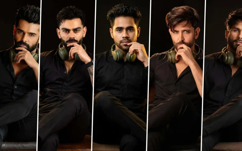 Ultra realistic cinematic male portrait AI prompts featuring professional studio photoshoot in black shirt with headphones for ChatGPT, Gemini and Flux AI.