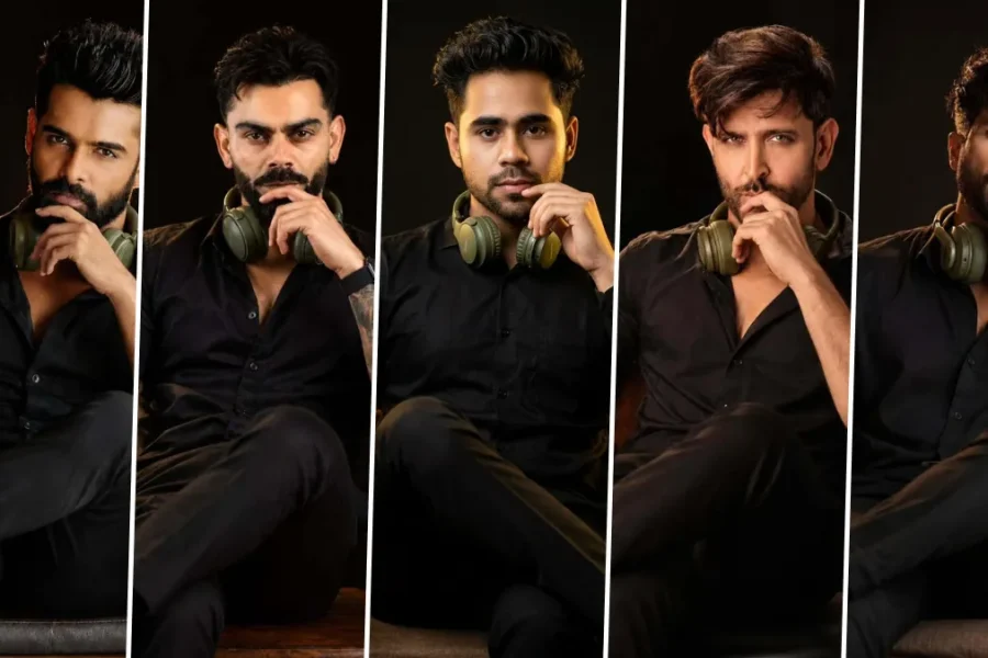 Ultra realistic cinematic male portrait AI prompts featuring professional studio photoshoot in black shirt with headphones for ChatGPT, Gemini and Flux AI.