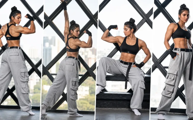 Ultra realistic muscular female fitness model posing in modern gym wear with cinematic athletic photography style