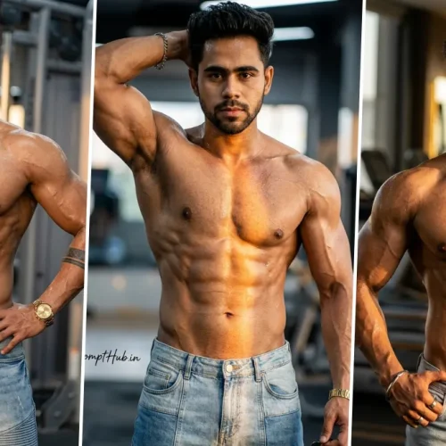 Ultra realistic muscular male fitness model with defined abs posing in a cinematic gym aesthetic photography style