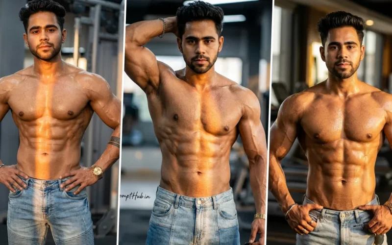 Ultra realistic muscular male fitness model with defined abs posing in a cinematic gym aesthetic photography style
