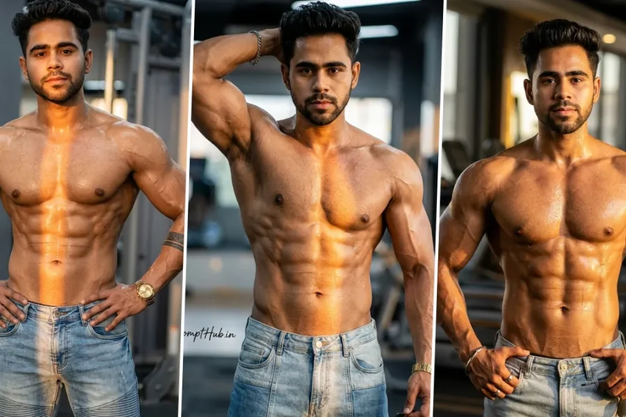 Ultra realistic muscular male fitness model with defined abs posing in a cinematic gym aesthetic photography style