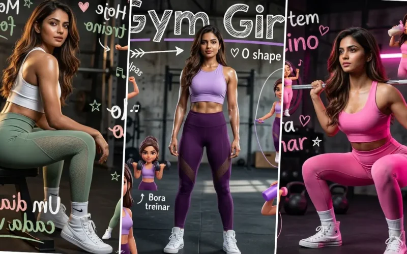 Fitness model performing workout poses in gym, hyper realistic AI portrait prompts