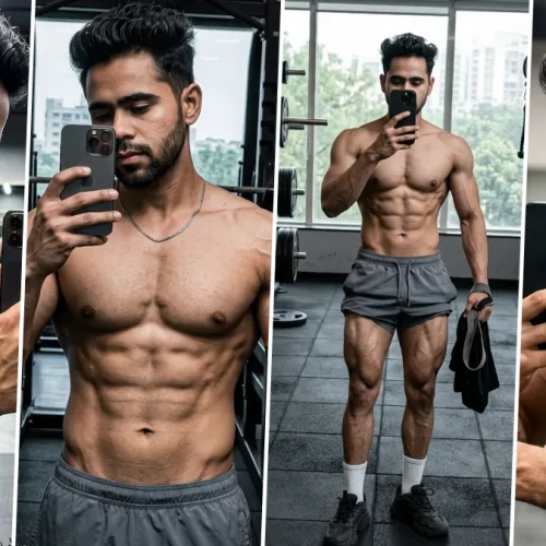 Ultra realistic gym mirror selfie portrait of a muscular male fitness model with defined abs and athletic physique in a modern fitness center