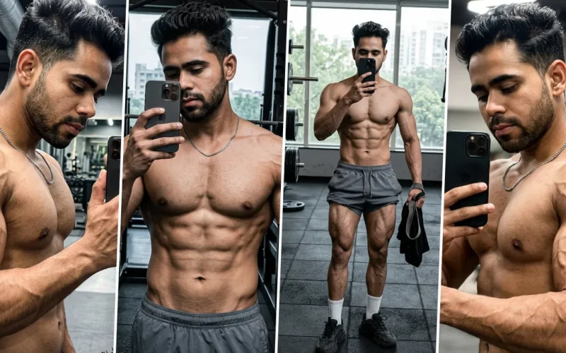 Ultra realistic gym mirror selfie portrait of a muscular male fitness model with defined abs and athletic physique in a modern fitness center