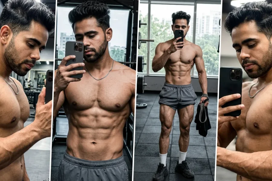 Ultra realistic gym mirror selfie portrait of a muscular male fitness model with defined abs and athletic physique in a modern fitness center