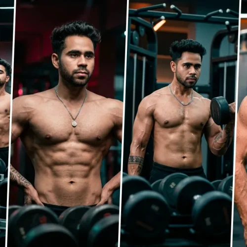 Ultra realistic muscular male fitness model posing in a modern gym with defined abs and professional bodybuilding photography style