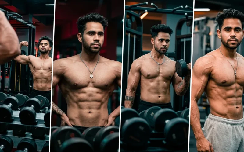 Ultra realistic muscular male fitness model posing in a modern gym with defined abs and professional bodybuilding photography style