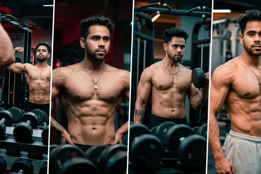 Ultra realistic muscular male fitness model posing in a modern gym with defined abs and professional bodybuilding photography style