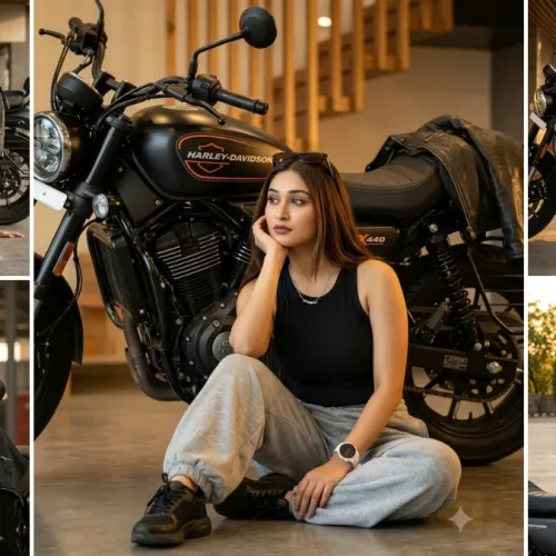 Ultra realistic Harley Davidson bike AI photo editing prompts featuring stylish female biker portraits, cinematic motorcycle photoshoots, casual fashion, and premium urban lighting.