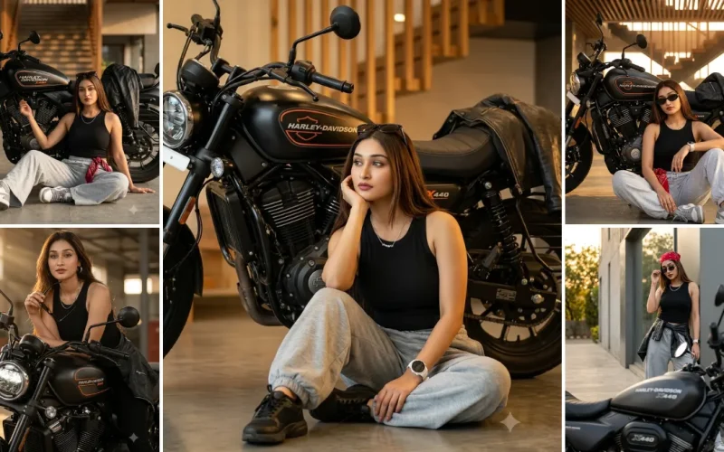 Ultra realistic Harley Davidson bike AI photo editing prompts featuring stylish female biker portraits, cinematic motorcycle photoshoots, casual fashion, and premium urban lighting.