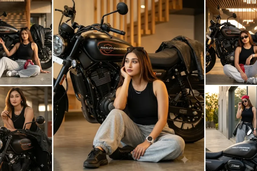 Ultra realistic Harley Davidson bike AI photo editing prompts featuring stylish female biker portraits, cinematic motorcycle photoshoots, casual fashion, and premium urban lighting.