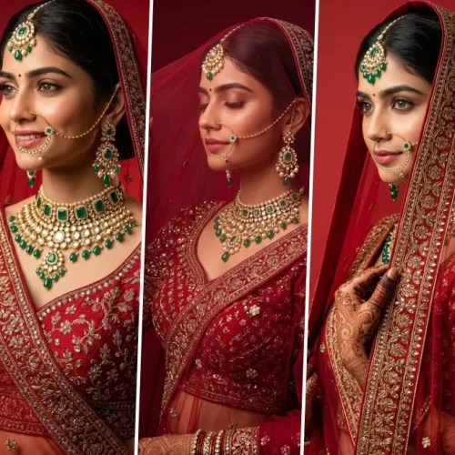 Ultra realistic AI-generated Indian bridal portrait wearing a luxurious red lehenga with traditional bridal jewelry and wedding makeup created using AI image prompts.