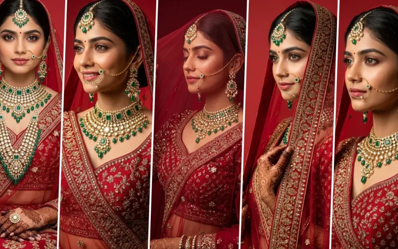Ultra realistic AI-generated Indian bridal portrait wearing a luxurious red lehenga with traditional bridal jewelry and wedding makeup created using AI image prompts.