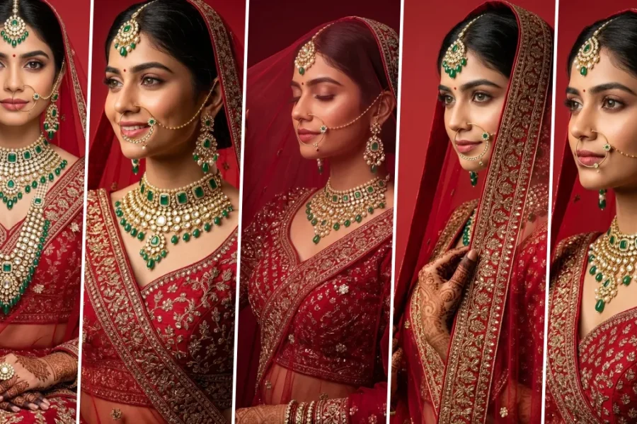 Ultra realistic AI-generated Indian bridal portrait wearing a luxurious red lehenga with traditional bridal jewelry and wedding makeup created using AI image prompts.