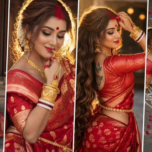 Ultra realistic Indian bride wearing a luxurious red bridal saree with golden jewelry in cinematic wedding photography style