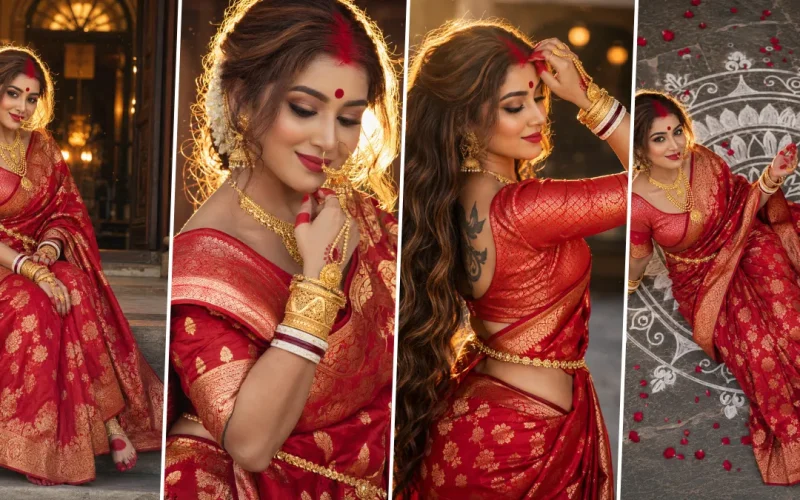Ultra realistic Indian bride wearing a luxurious red bridal saree with golden jewelry in cinematic wedding photography style